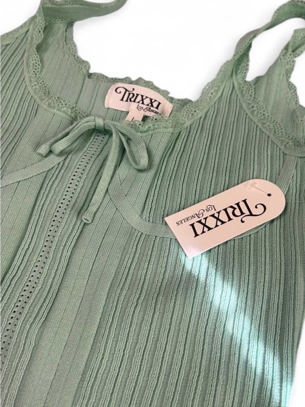Trixxi Sage Green Lace-Trim Ribbed Crop Tank